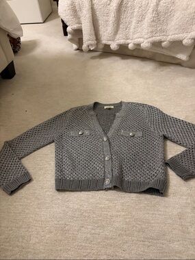 L'AGENCE Gray Open-Knit Button Front sequin  detail throughout